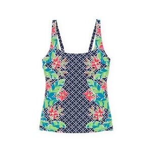 Lands End Women Navy Blue Floral Lattice Underwire Tankini Swim Top Size 8DDD